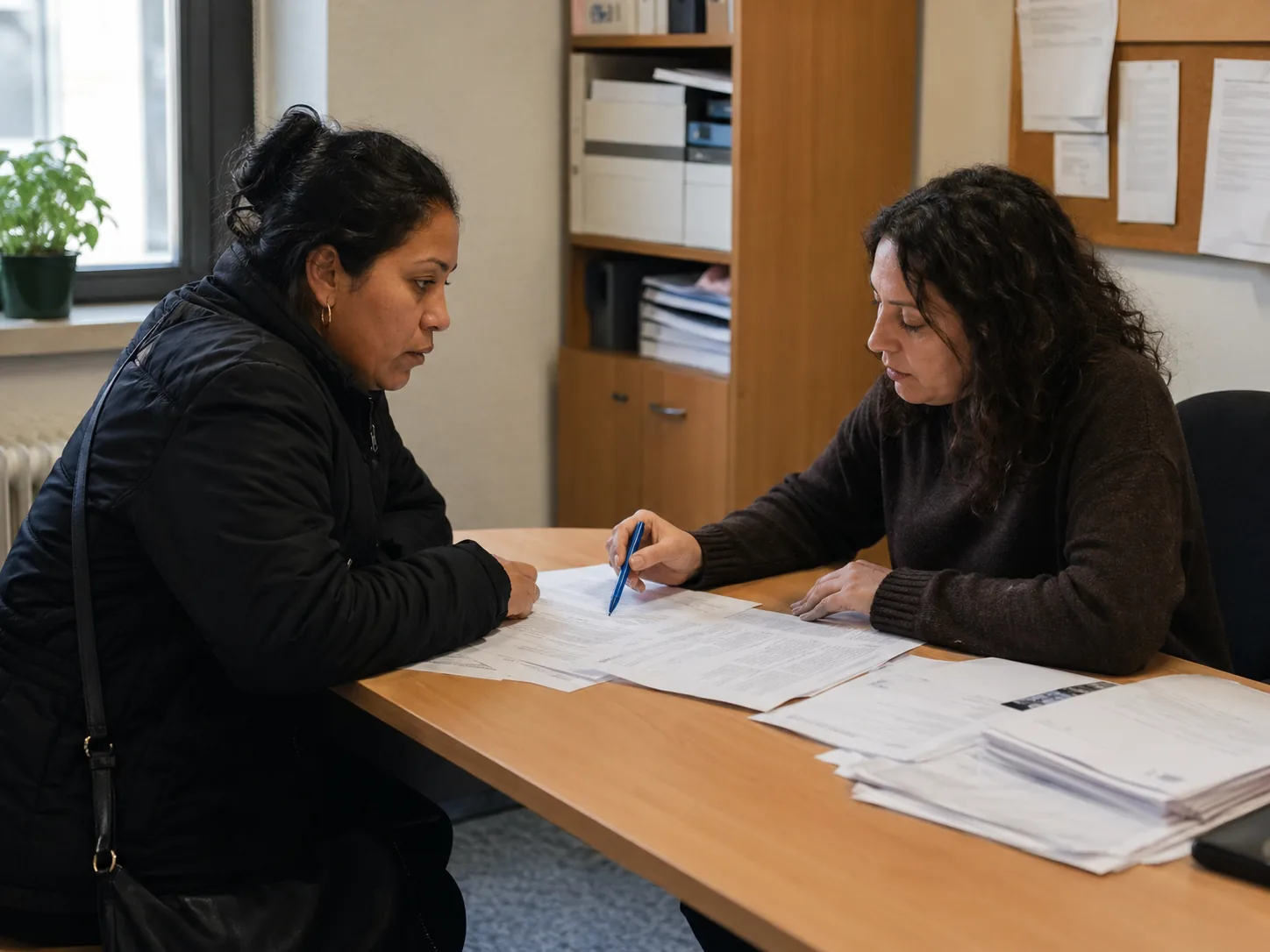 Mujer sentada frente a una trabajadora social mientras revisan formularios