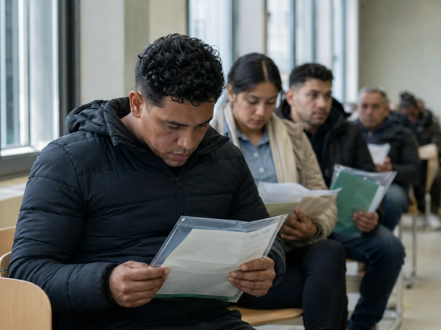 Personas esperando con carpetas y documentos en una oficina pública